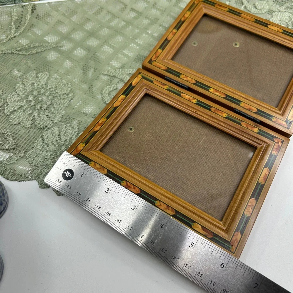 Vintage Wood Inlay Fetco Marquetry Double Frame Standing Wooden